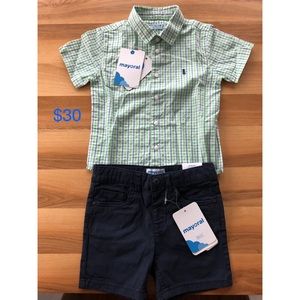 Mayoral green checked cotton short-sleeved shirt and navy shorts 18m